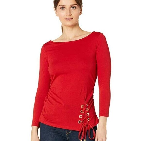 NWT Michael Michael Kors Red 3/4 Quarter Sleeve Side Tie Lace Up Top - Picture 1 of 13